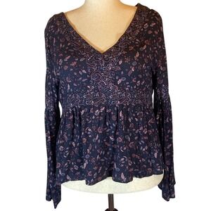 AEROPOSTALE Womens Peasant Blouse XL Navy Floral Bell Sleeve V Neck Top